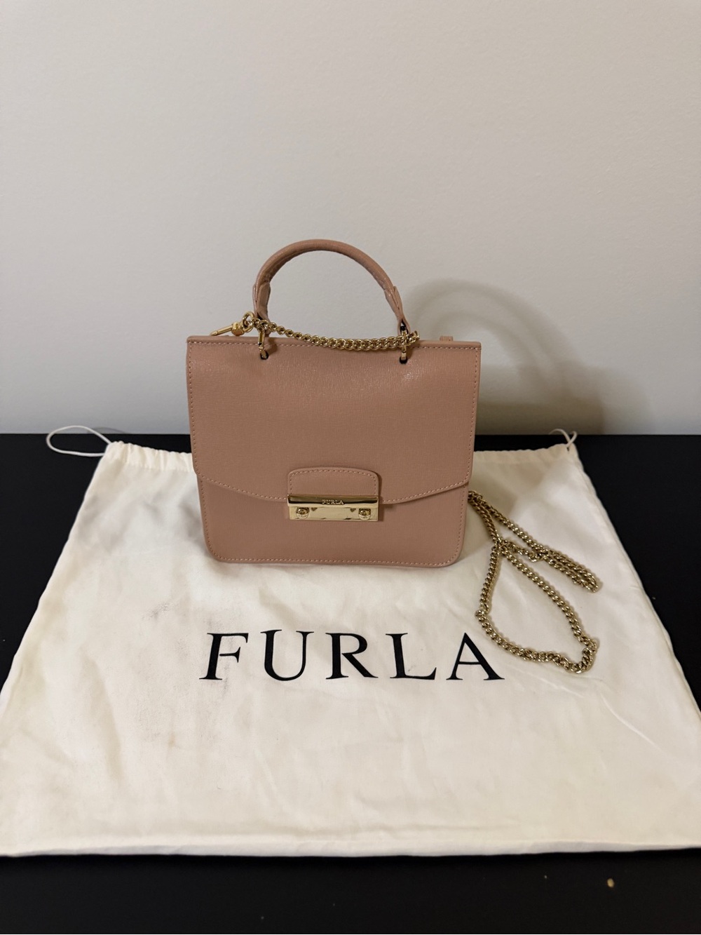 Furla Blush Leather Top-Handle Satchel with Gold Chain